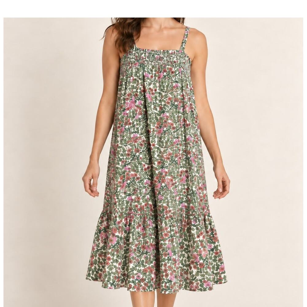 Pomegranate Green and Pink Bird Babydoll Midi Dress Sz. S